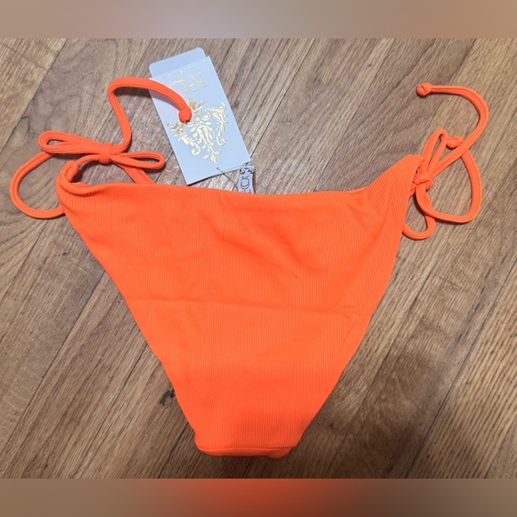 Becca Demi Ribbed Tie Side Hipster Bikini Bottom in Atomic Tangerine - Picture 6 of 7